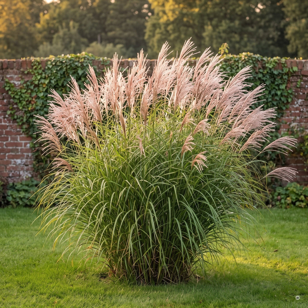 Chinaschilf, etwa 180 cm hoch, mit silbrig-rosa Rispen über dem Laub