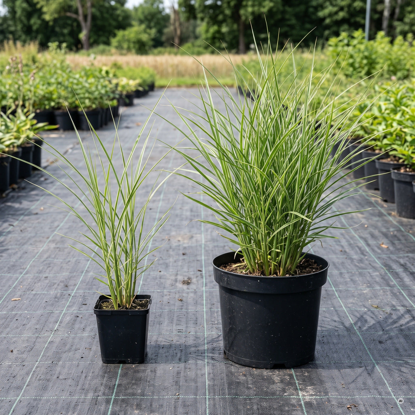 Topfvergleich Chinaschilf im Freilandquartier: links im eckigen 11 × 11-cm-Topf (1 Liter), rechts im runden 23-cm-Topf (5 Liter)