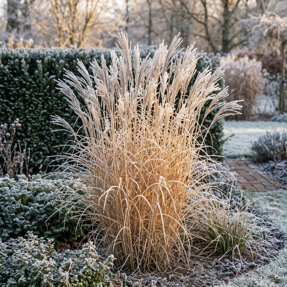 Chinaschilf im Winter mit stehenden Halmen, silbrigen Rispen und Raureif