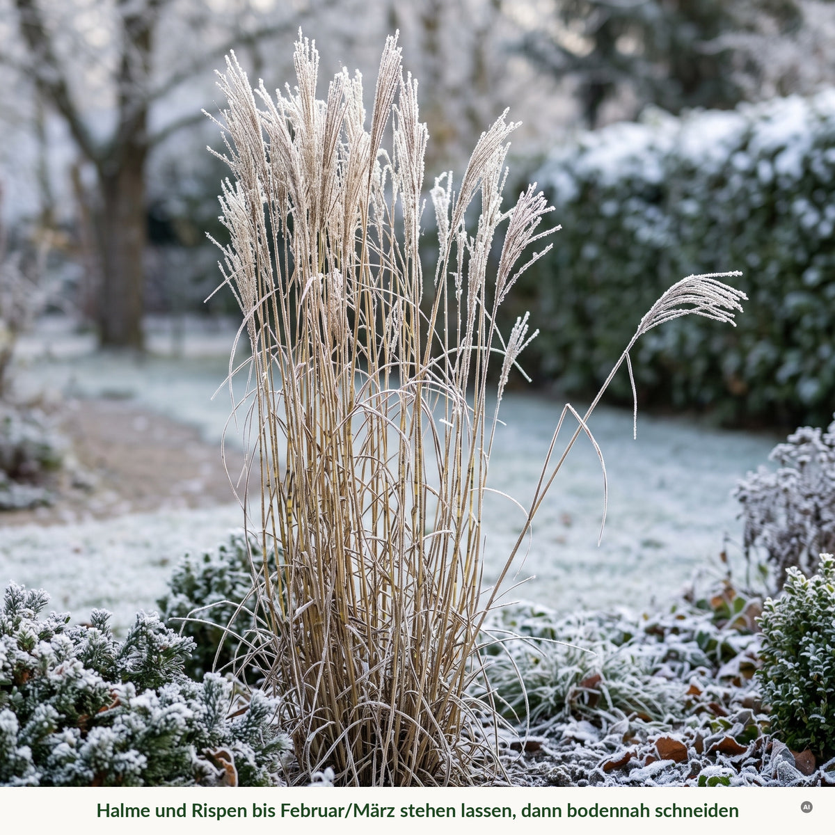 Zebraschilf im Winter mit Raureif: Halme und Rispen bis Februar oder März stehen lassen