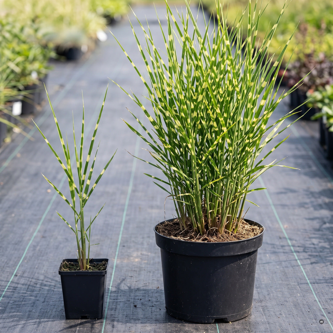 Topfvergleich Zebraschilf im Freilandquartier: links im eckigen 11 × 11-cm-Topf (1 Liter), rechts im runden 23-cm-Topf (5 Liter)