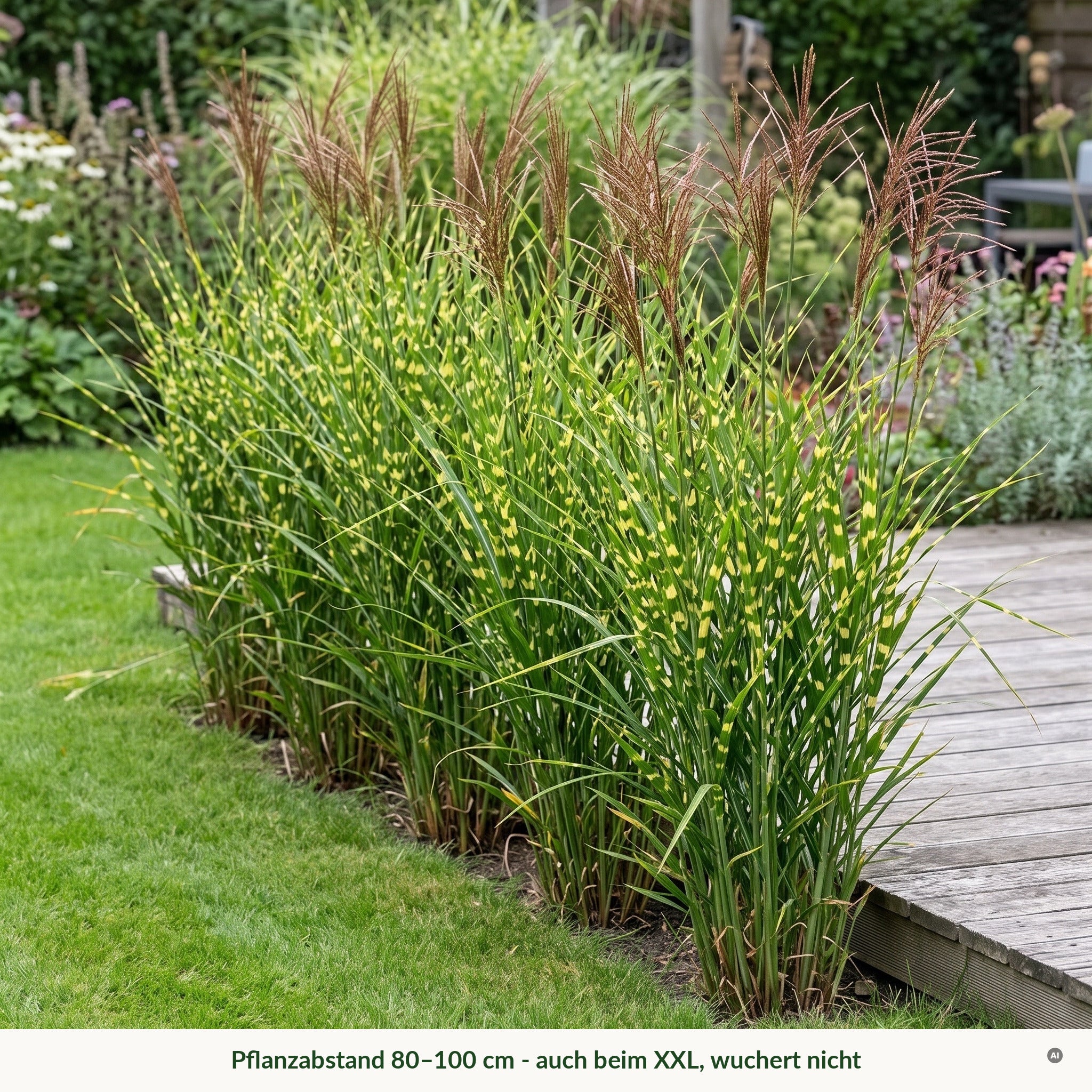 Schmale Reihe aus Zebraschilf an einer Holzterrasse, Pflanzabstand 80–100 cm