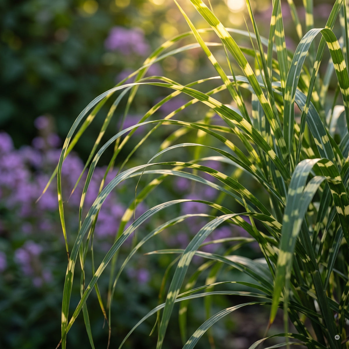 Gelbe Querstreifen auf den Blättern von Miscanthus sinensis 'Zebrinus' im Detail