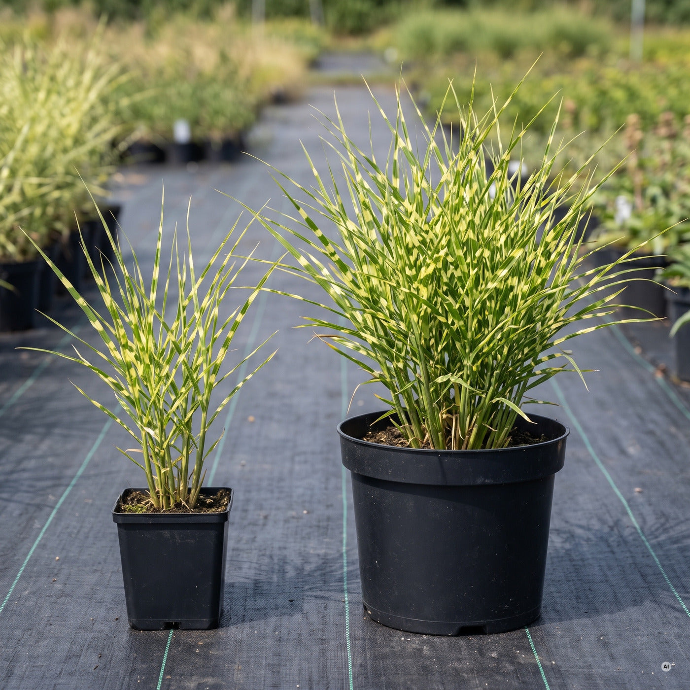 Topfvergleich Zebragras im Freilandquartier: links im eckigen 11 × 11-cm-Topf (1 Liter), rechts im runden 23-cm-Topf (5 Liter)