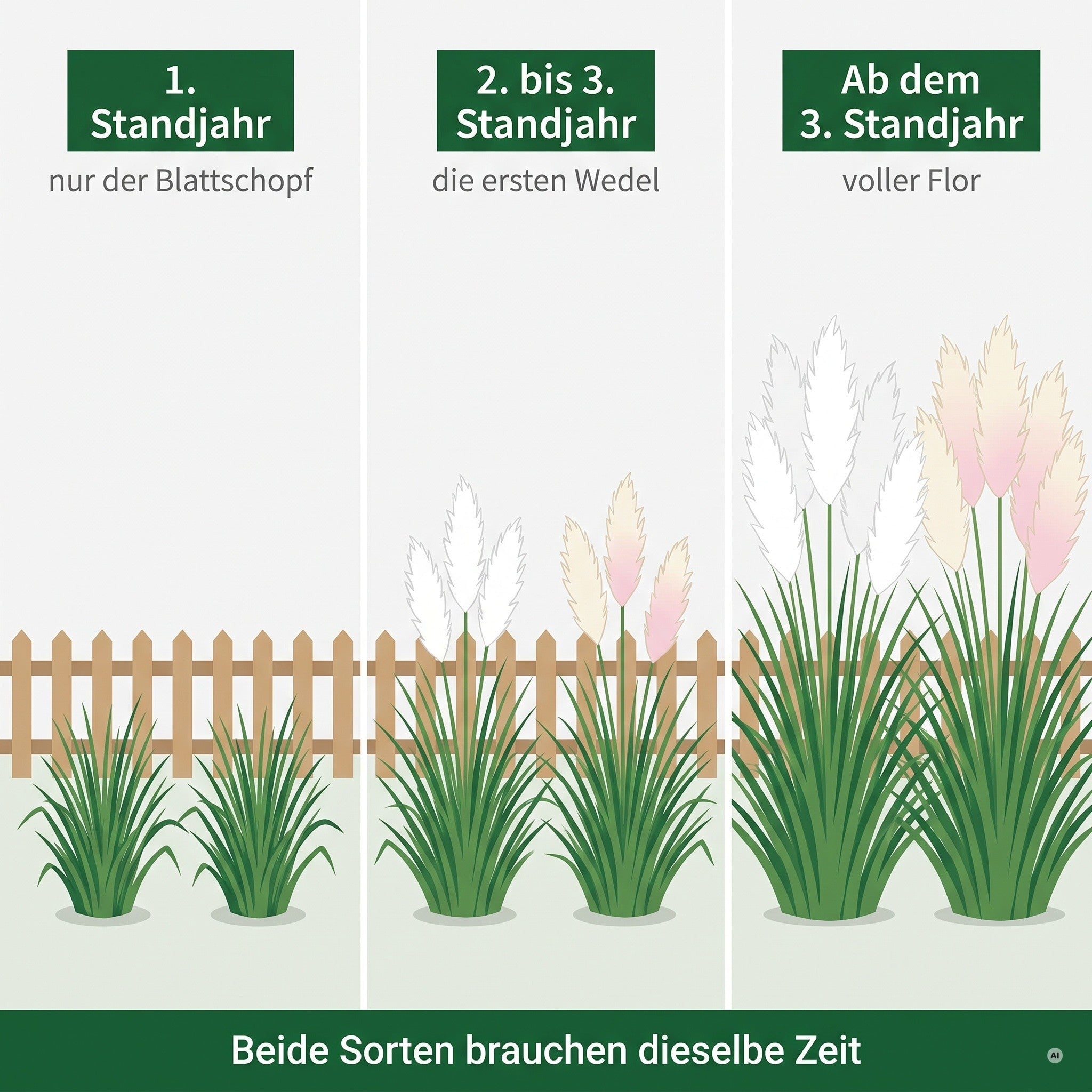 Die Entwicklung in drei Standjahren: erst der Blattschopf, dann die ersten Wedel, ab dem dritten Jahr der volle Flor