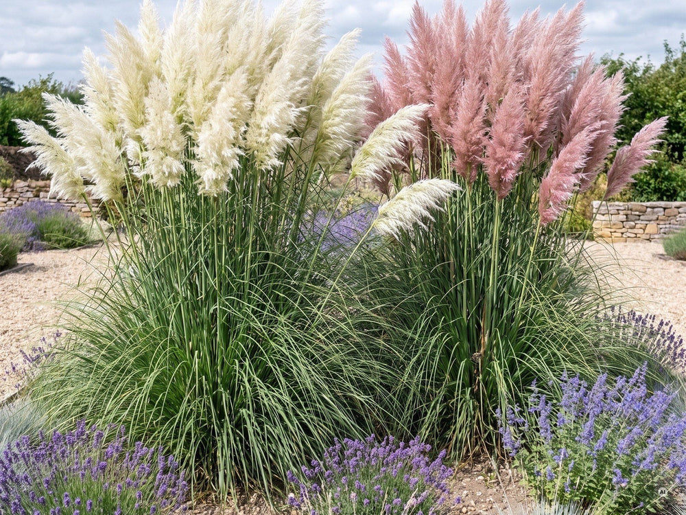 Beide Sorten im vollsonnigen Kiesbeet mit Lavendel und Blauschwingel