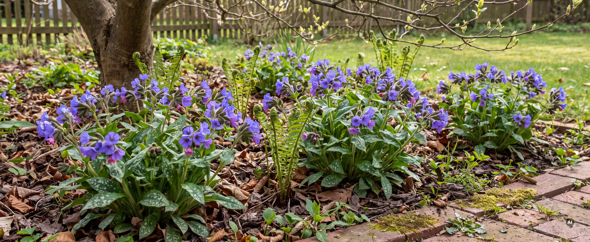 Lungenkraut Pulmonaria 'Mona Blue' im Schattenbeet im April: blaue Blüten mit rosa Knospen über silberweiß geflecktem Laub unter einem noch kahlen Laubgehölz