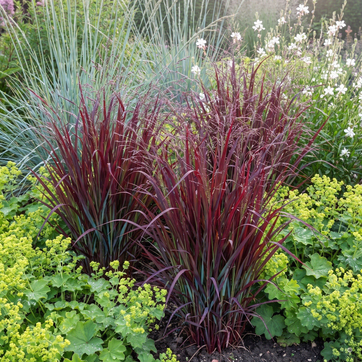 Dunkelrote Rutenhirse 'Oxblood Autumn' über limettengrünem Frauenmantel, dahinter blaues Gras und weiße Prachtkerze