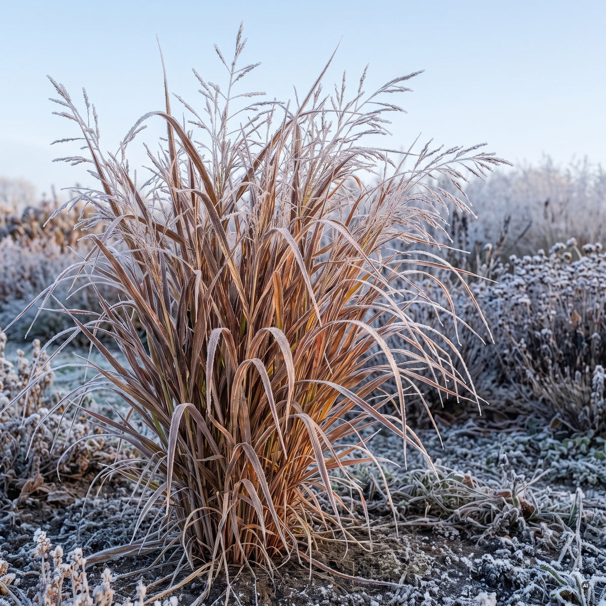 Strohbraunes Wintergerüst der Rutenhirse mit Raureif an einem frostigen Morgen
