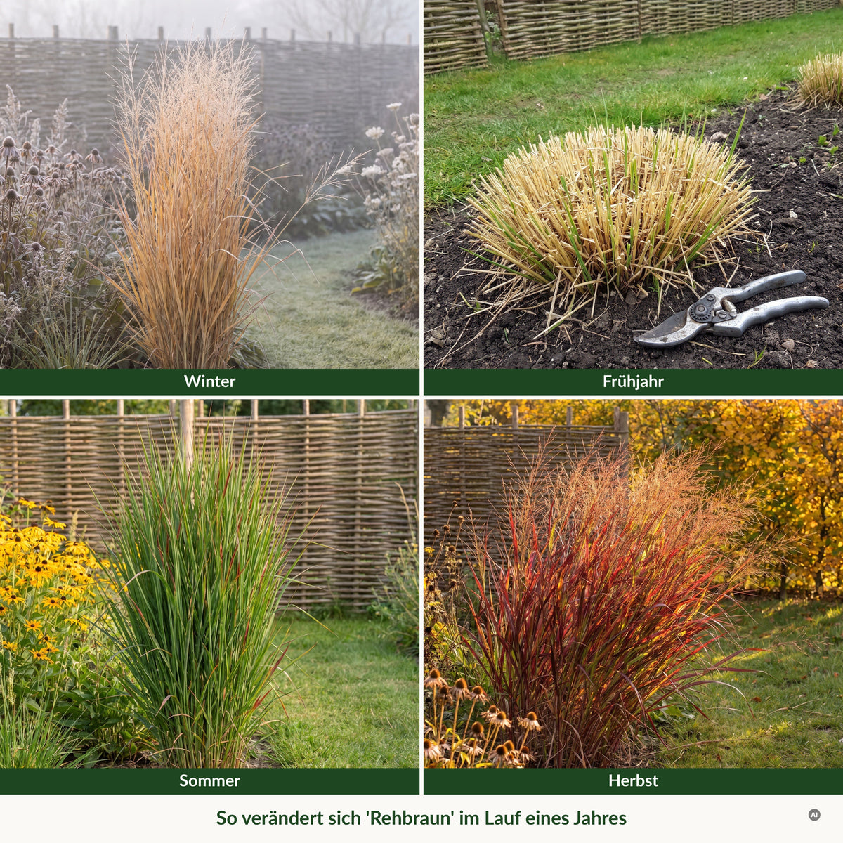 Jahreslauf von 'Rehbraun' im Präriegarten: Winter mit stehenden Halmen, Frühjahr nach dem Rückschnitt, Sommer grün mit rotbraunen Spitzen, Herbst rotbraun