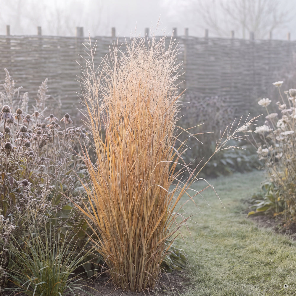 Rutenhirse 'Rehbraun' im Winter mit stehenden strohfarbenen Halmen und Raureif im Präriegarten