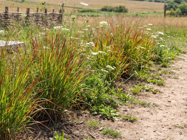 Rutenhirse 'Rehbraun' im Hochsommer am Wiesenpfad, grün mit rotbraunen Spitzen
