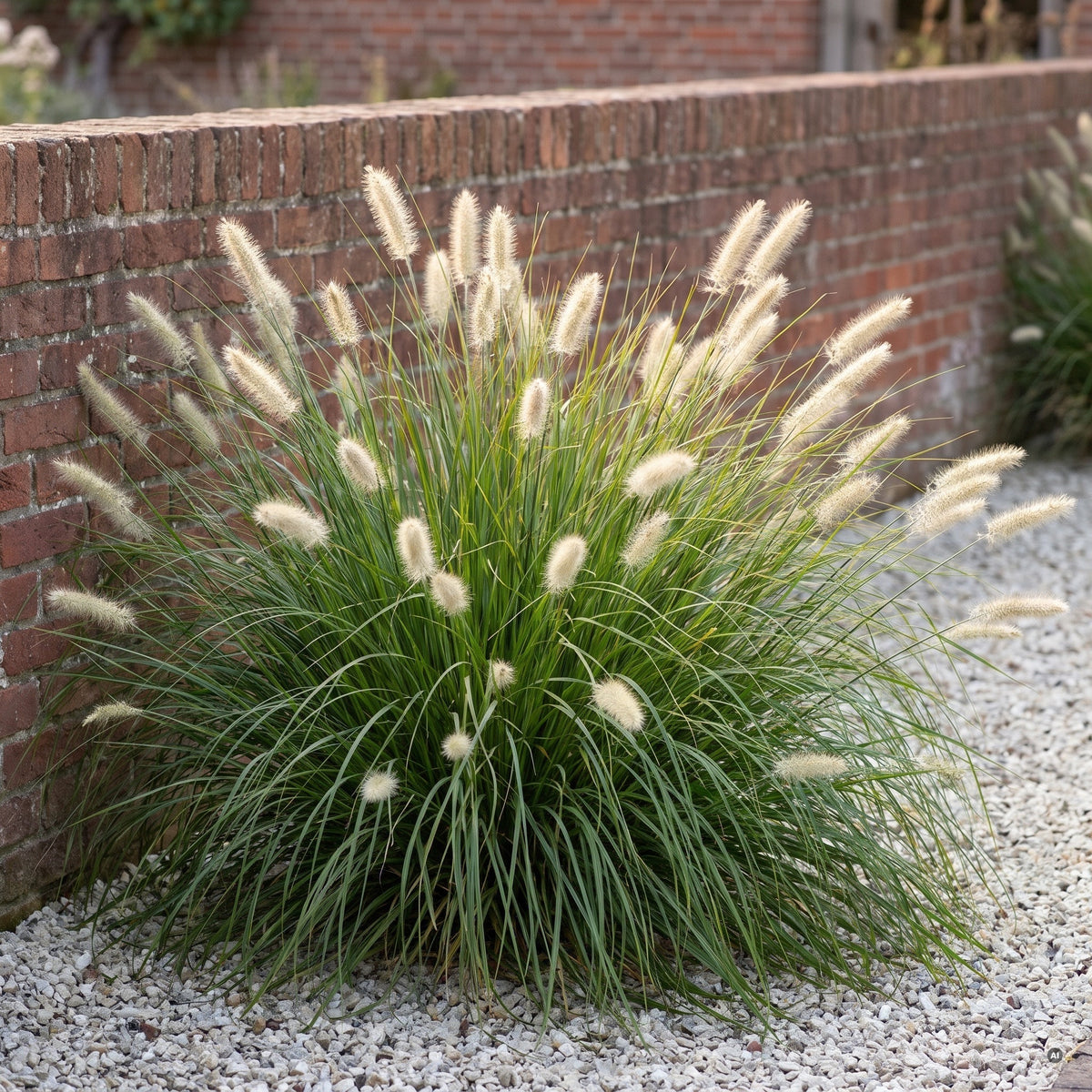 Pennisetum alopecuroides, blühender Horst mit cremeweißen Ähren im Kiesbeet vor einer Klinkermauer
