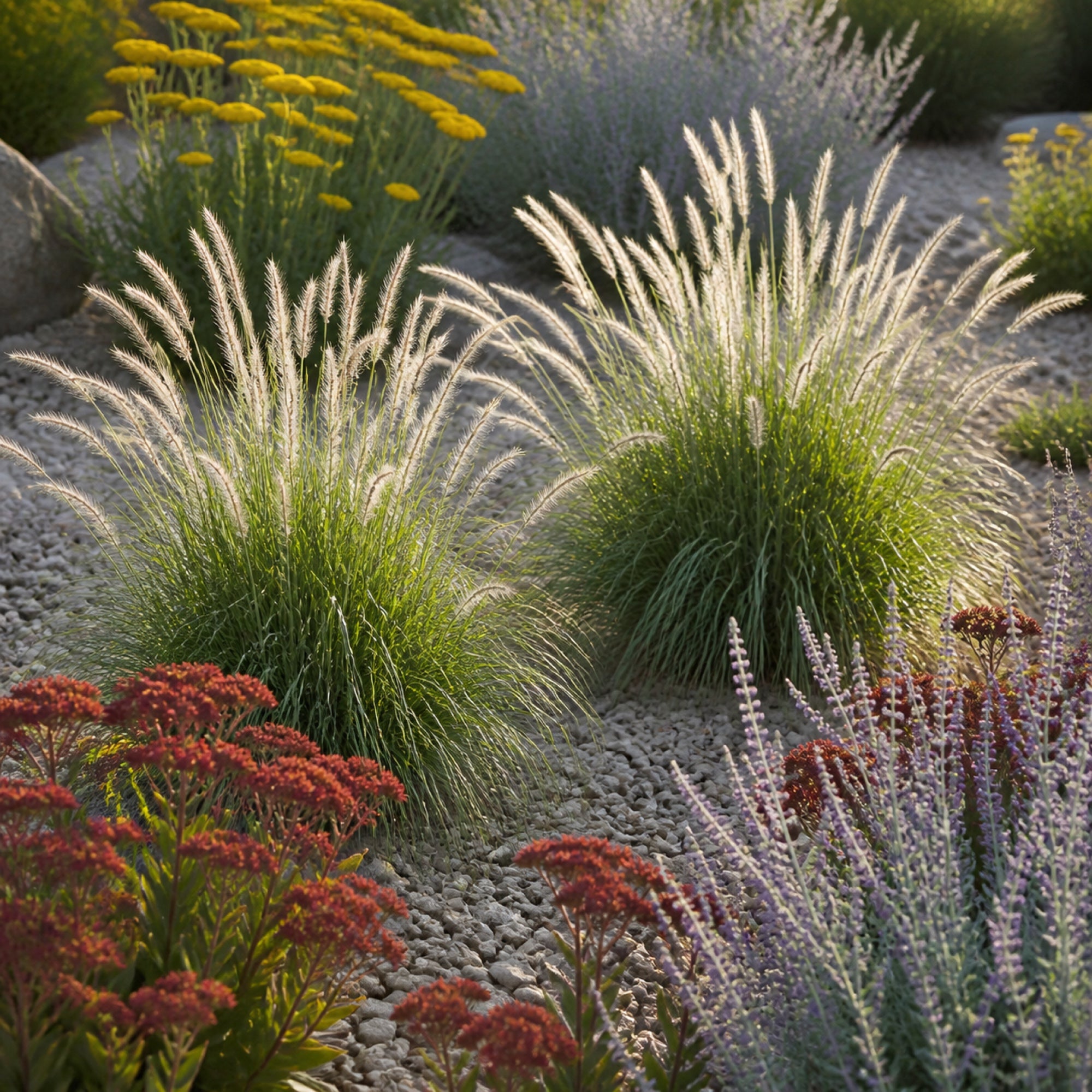 Pennisetum 'Fairy Tails' im Kiesbeet zwischen Fetthenne und Schafgarbe