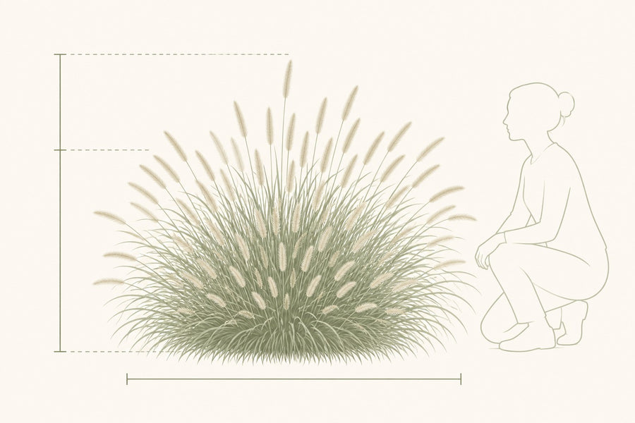 Maßgrafik Lampenputzergras: Horst mit Maßlinien und knieender Person als Größenvergleich