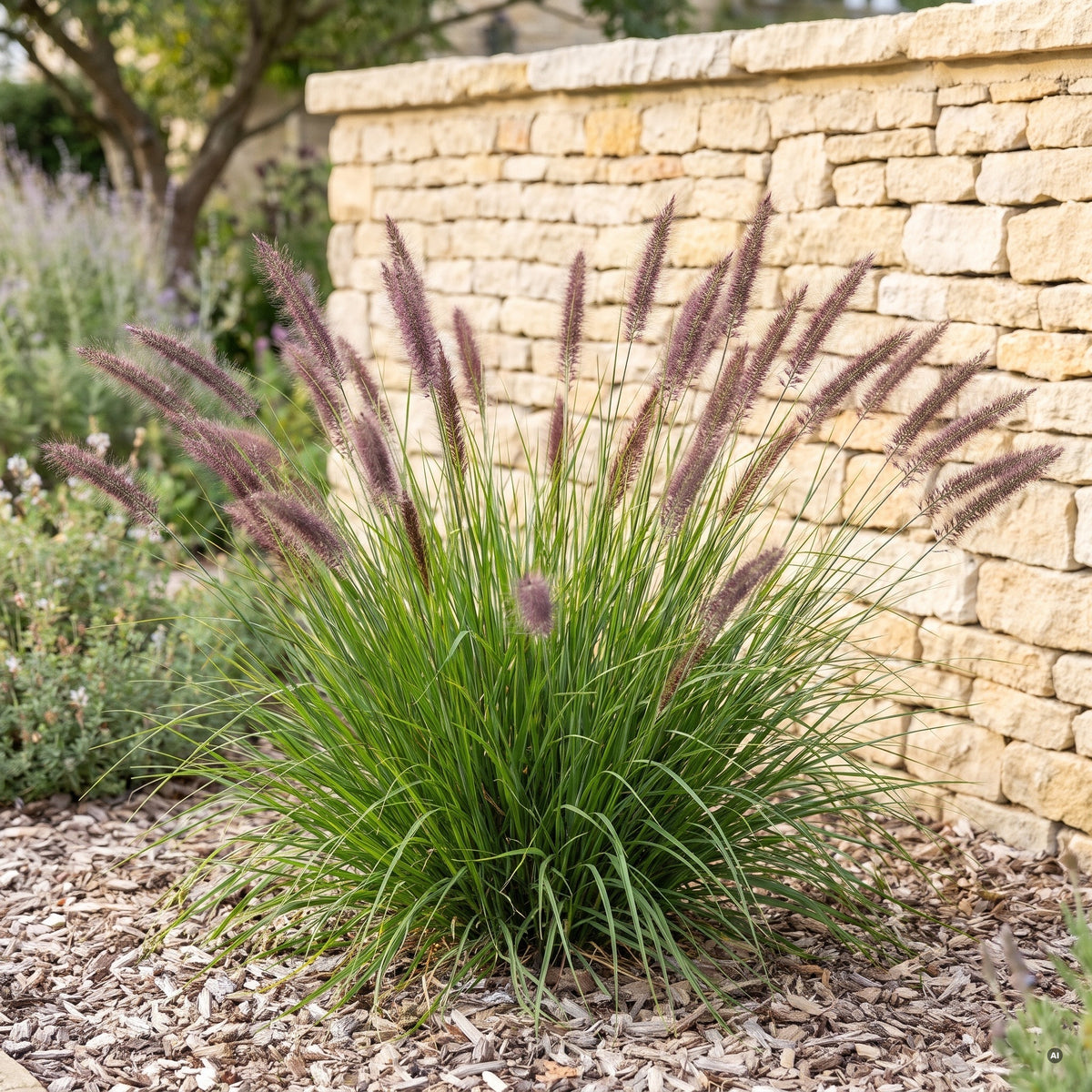 Pennisetum 'Red Head', blühender Horst mit rötlich-violetten Ähren vor einer hellen Kalksteinmauer