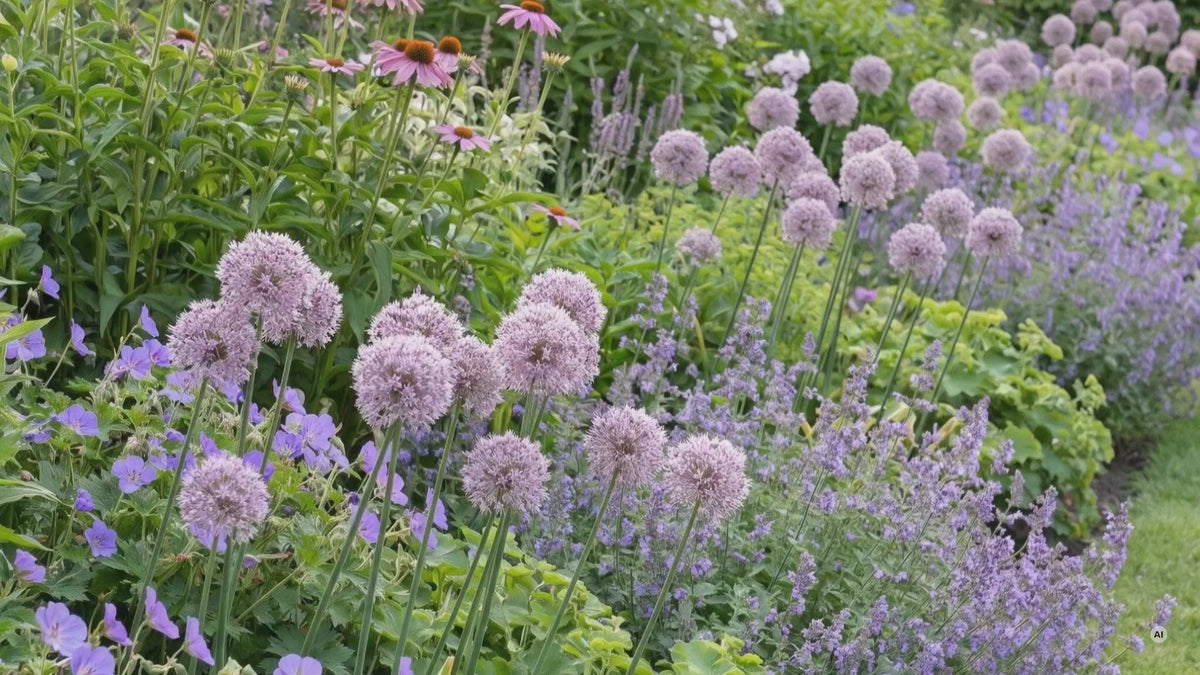 Stauden-Zierlauch: 'Millenium', 'Little Sapphire', 'In Orbit', 'Cliffs of Dover', 'Summer Beauty' und 'Esmee' im Garten