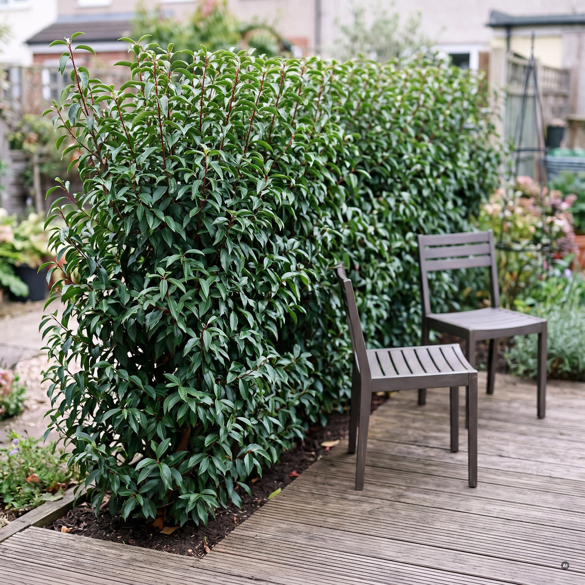 Schmale Sichtschutzhecke aus Portugiesischem Kirschlorbeer 'Angustifolia' am Rand einer kleinen Holzterrasse mit zwei Gartenstühlen
