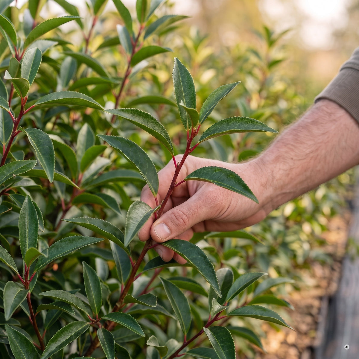 Schmale, dunkelgrün glänzende Blätter des Portugiesischen Kirschlorbeers 'Angustifolia' an roten Blattstielen, eine Hand zum Größenvergleich