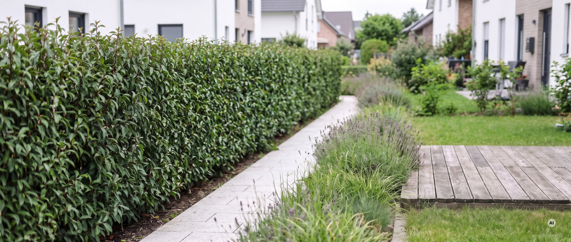 Lange, schmale, gerade geschnittene Hecke aus Portugiesischem Kirschlorbeer 'Angustifolia' an einem hellen Plattenweg, davor Gräser und Lavendel, rechts eine Holzterrasse