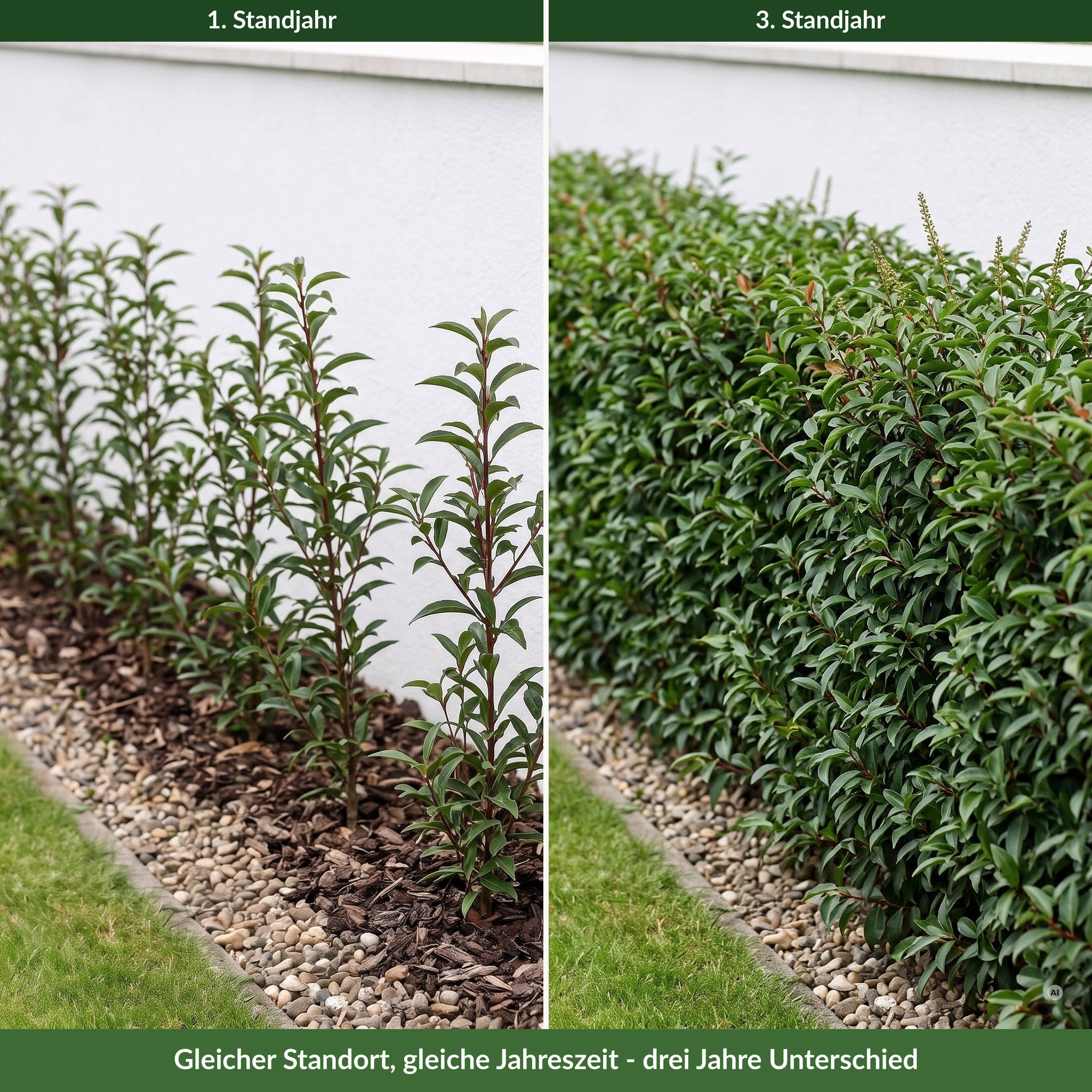 Hecke aus Portugiesischem Kirschlorbeer 'Angustifolia' vor einer weißen Gartenmauer im ersten und im dritten Standjahr