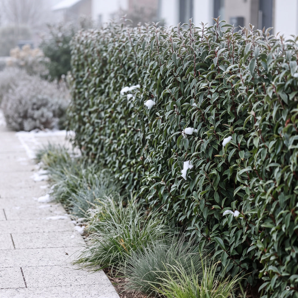 Schmale Hecke aus Portugiesischem Kirschlorbeer 'Angustifolia' im Winter mit Raureif