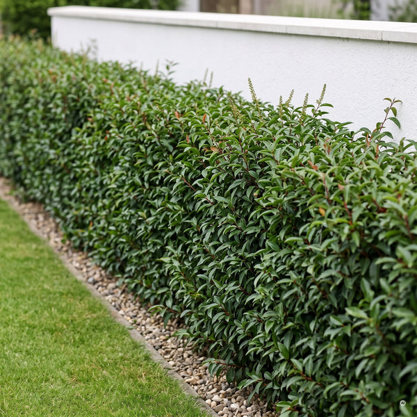 Geschlossene, schmale Hecke aus 'Angustifolia' vor einer weißen Gartenmauer im dritten Standjahr