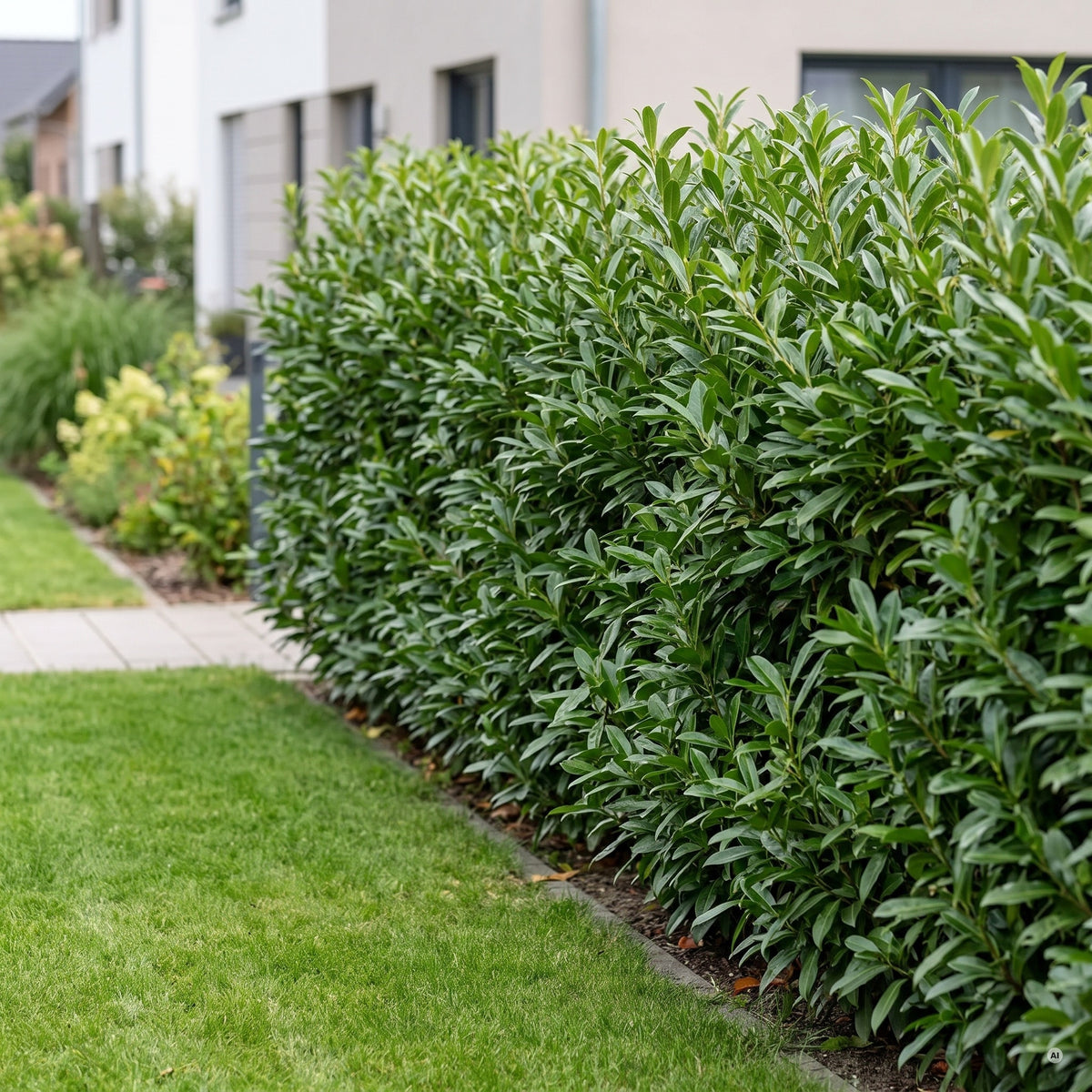 Etwa 2 m hohe, schmale, gerade geschnittene Hecke aus Kirschlorbeer 'Caucasica' mit schmalem, tiefdunkelgrün glänzendem Laub an der Grundstücksgrenze, davor Rasen, dahinter ein modernes Haus