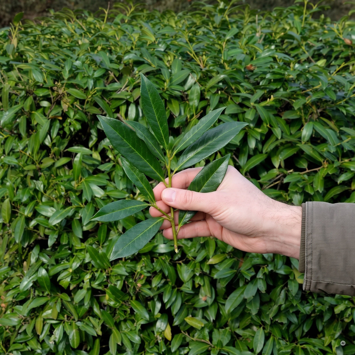 Großes, schmal-elliptisches, tiefdunkelgrün glänzendes Laub des Kirschlorbeers 'Caucasica' in der Hand vor der Hecke