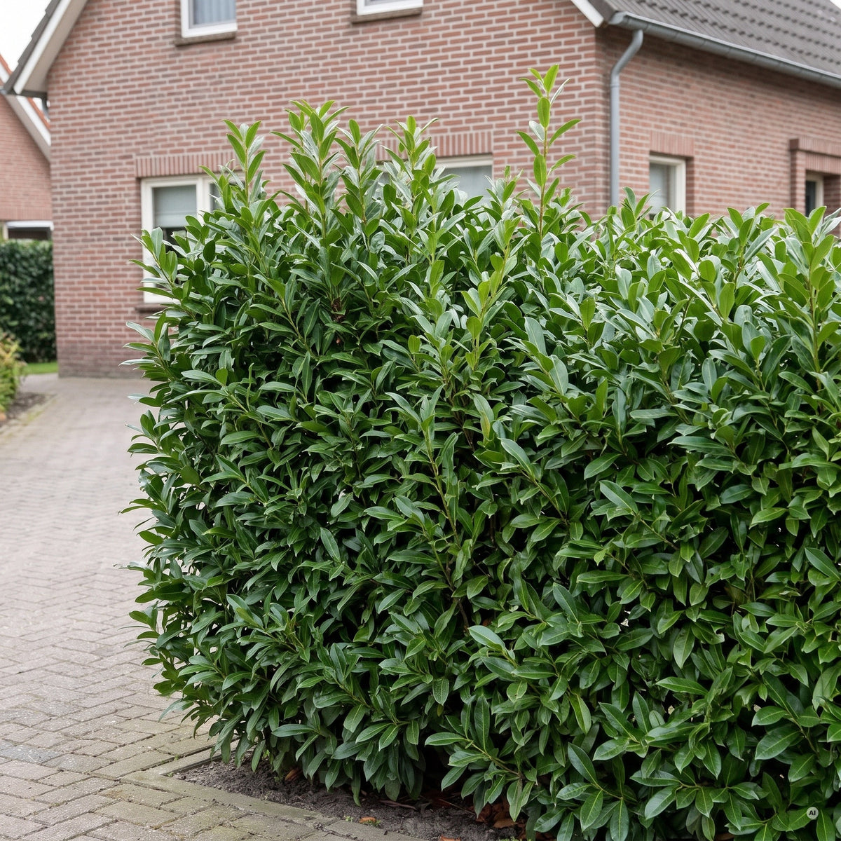 Geschnittene Hecke aus Kirschlorbeer 'Caucasica' neben einer gepflasterten Hofeinfahrt vor einem Klinkerhaus