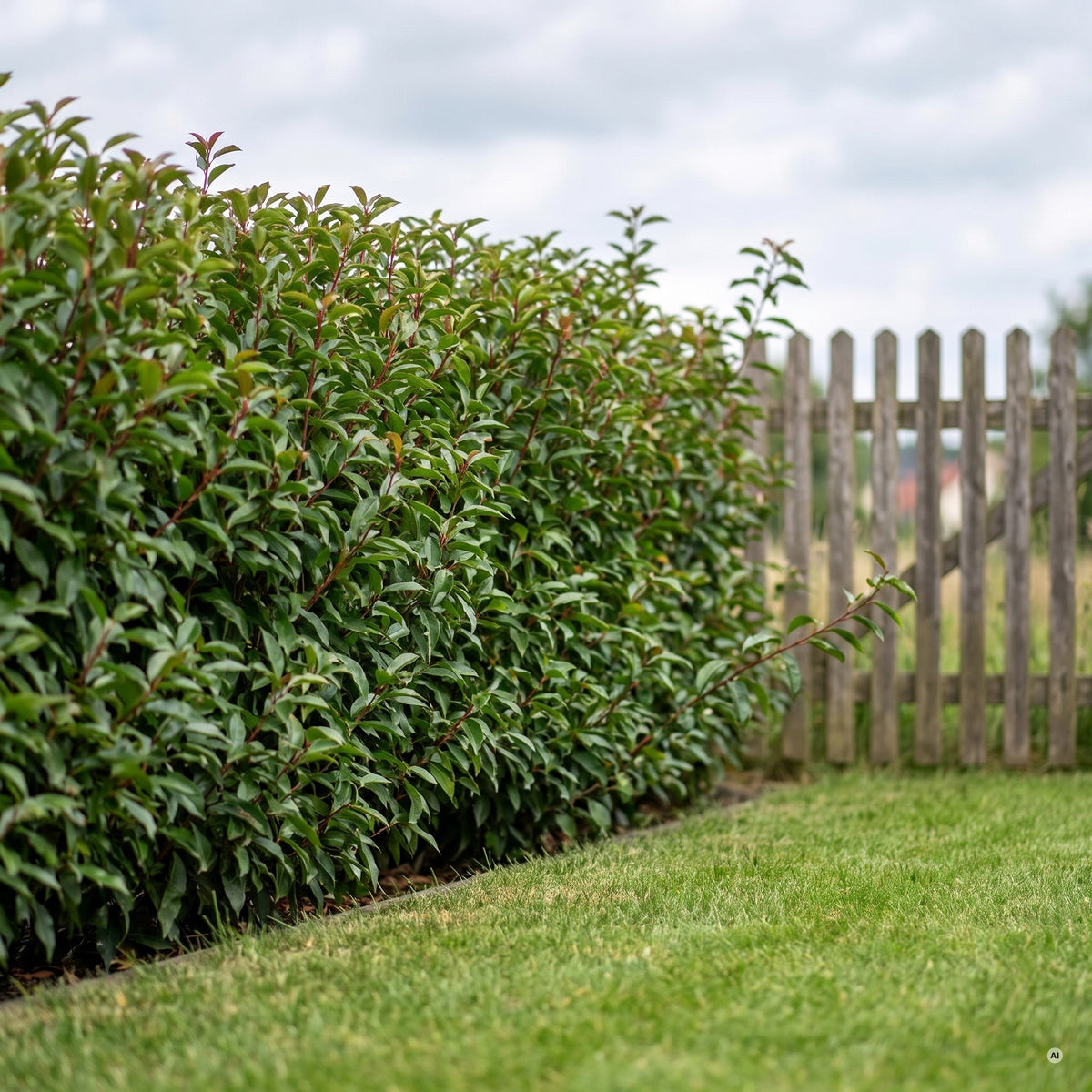 Etwa 1,6 m hohe, dichte Hecke aus Portugiesischem Kirschlorbeer an einer Rasenkante vor einem alten Holzlattenzaun