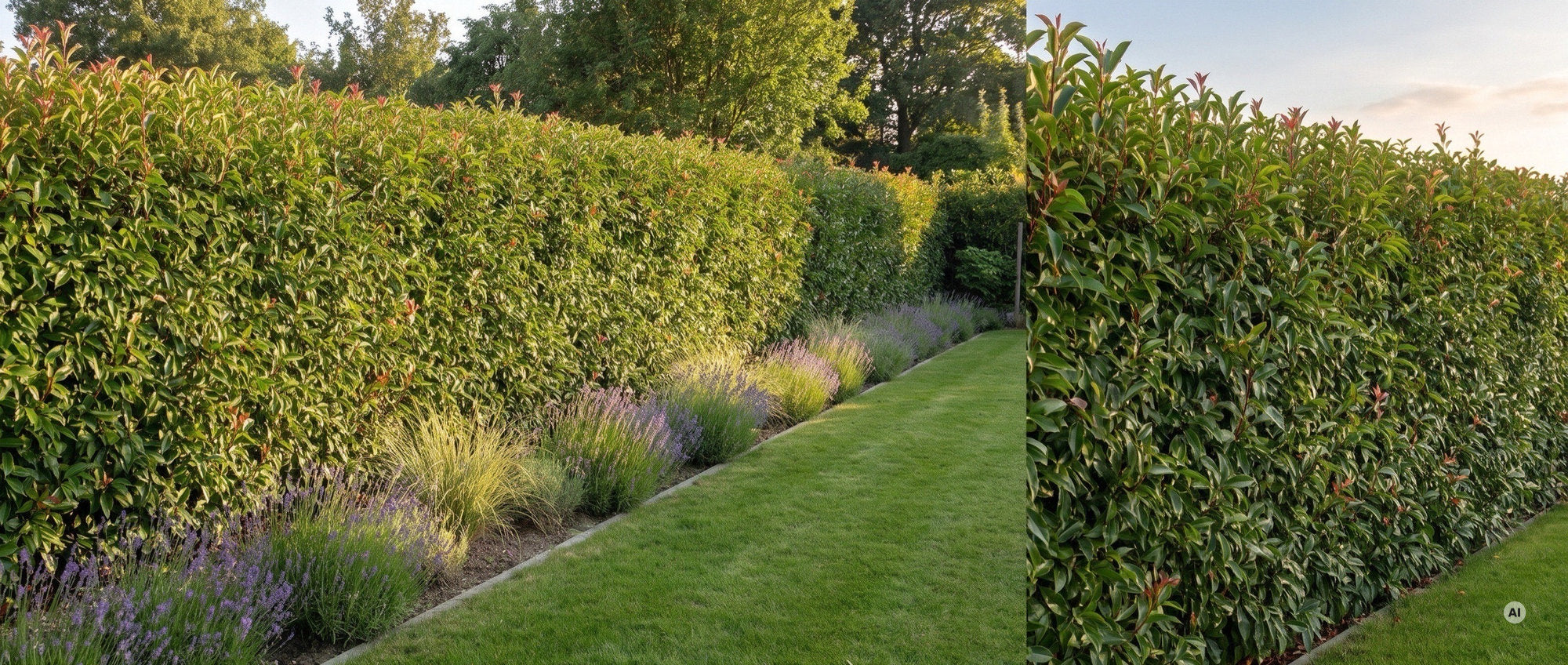 Lange, etwa 1,8 m hohe, dicht geschnittene Hecke aus Portugiesischem Kirschlorbeer als Grundstücksgrenze, davor Rasen und ein Beet mit Lavendel und Gräsern