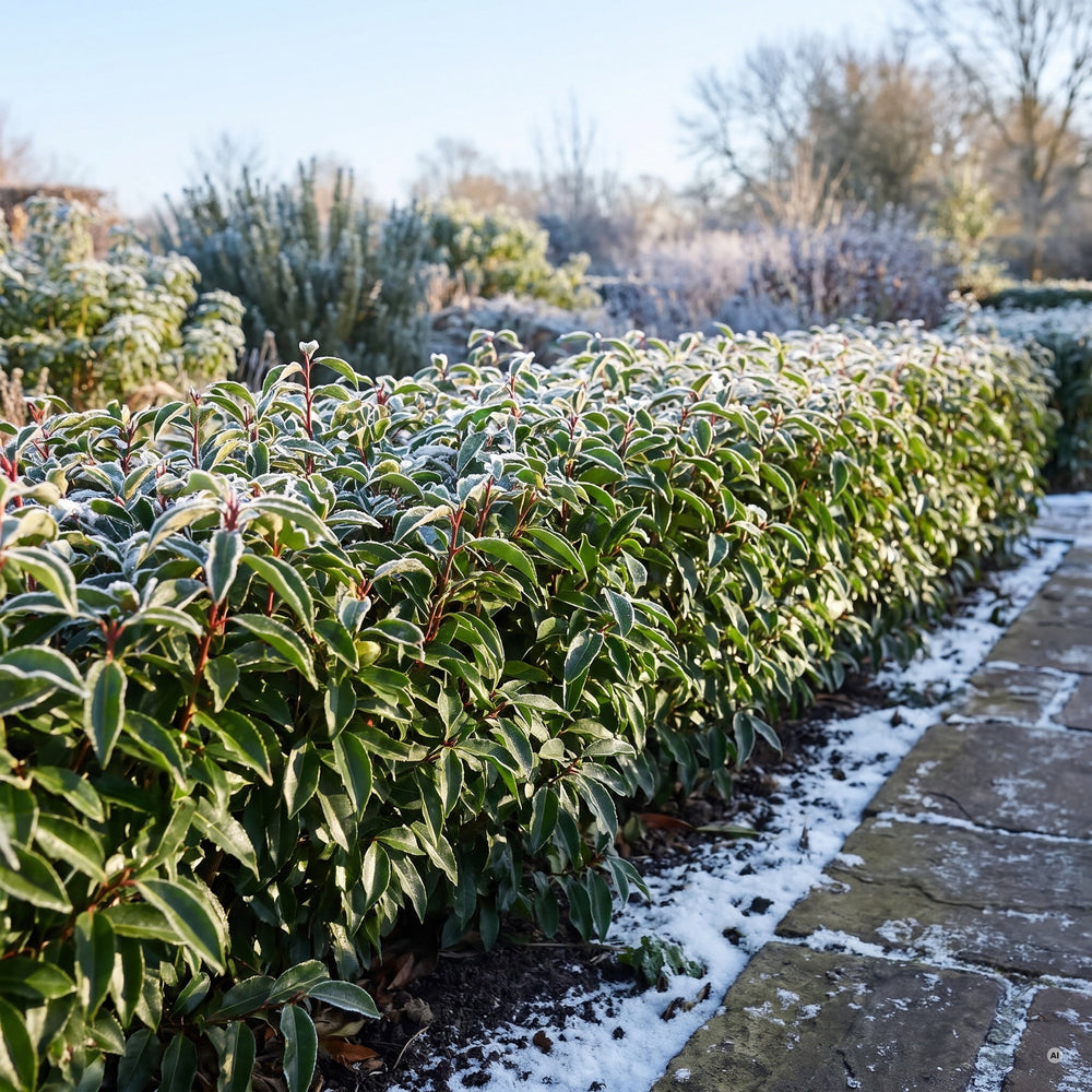 Geschnittene Hecke aus Portugiesischem Kirschlorbeer mit Raureif im Winter, das Laub bleibt dunkelgrün