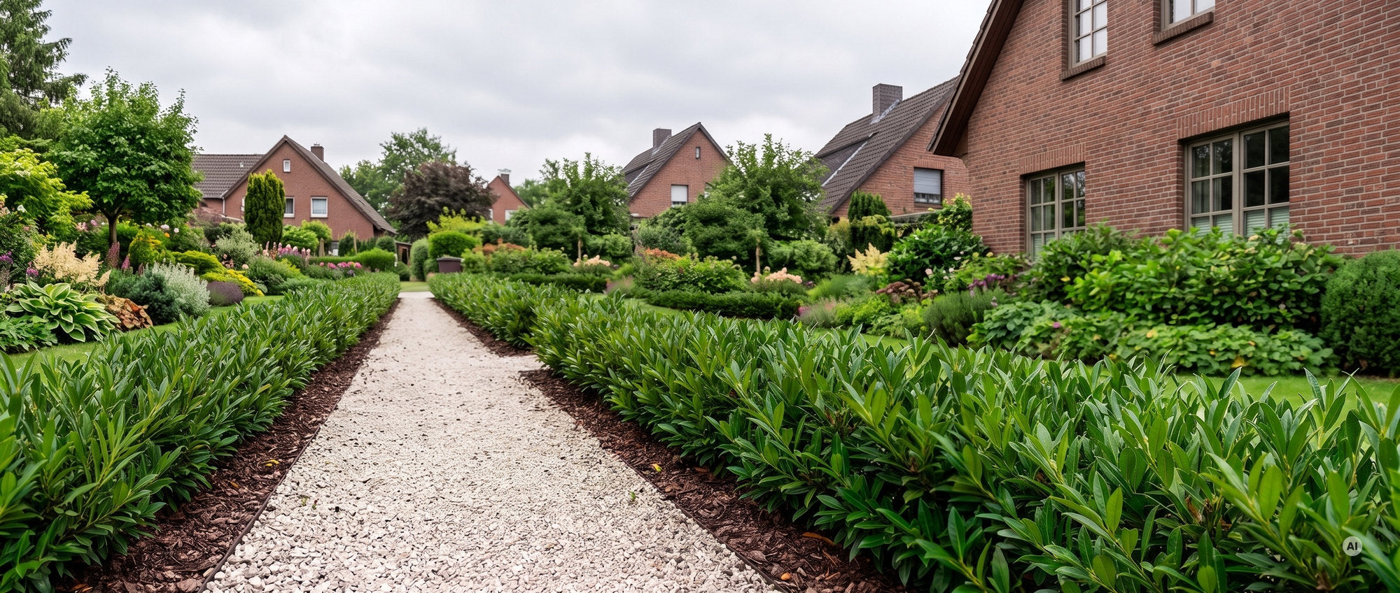 Heller Kiesweg zwischen zwei niedrigen, dichten Hecken aus Kleinem Kirschlorbeer 'Otto Luyken', dahinter Backsteinhäuser und Gartenbeete