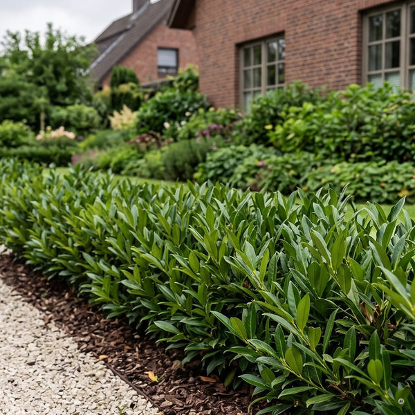 Niedrige Hecke aus Kirschlorbeer 'Otto Luyken' am Kiesweg