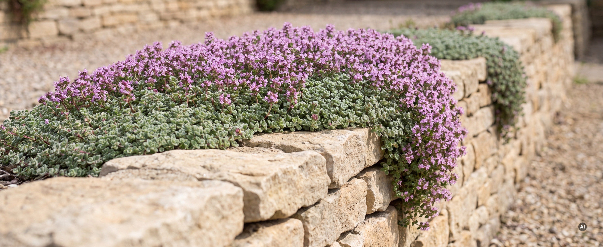 Wolliger Thymian Thymus praecox 'Pseudolanuginosus' fließt im Juni als flaches, filziges Polster mit zartrosa Blüten über eine sonnige Trockenmauer
