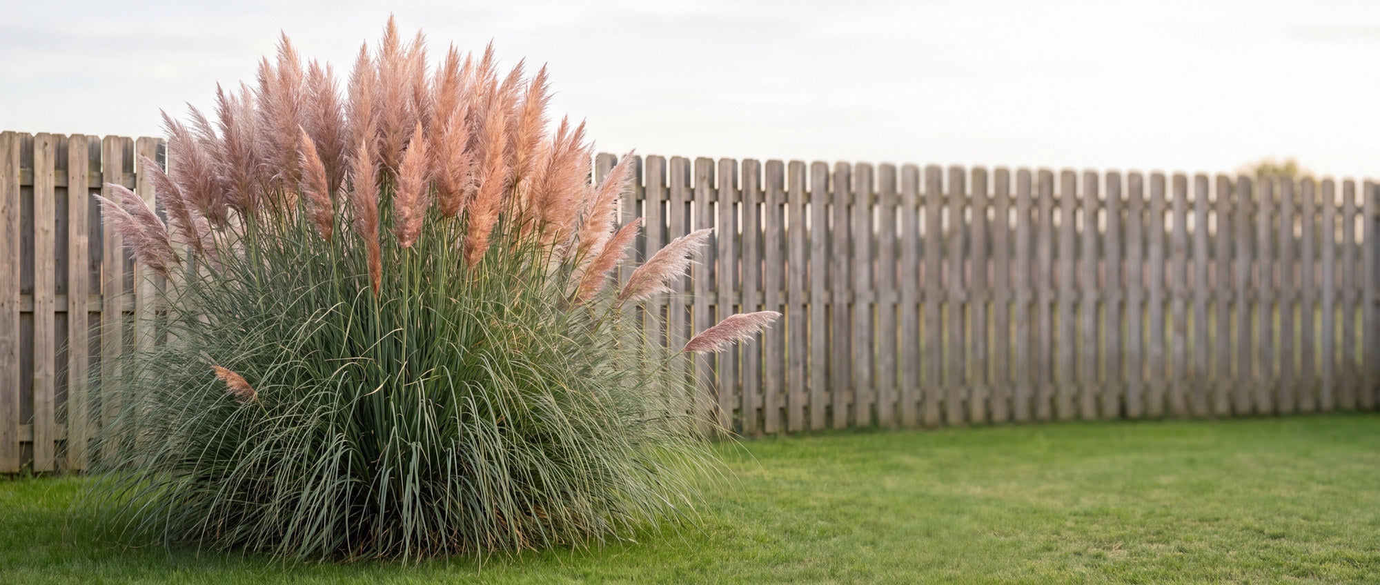 Rosa Pampasgras Cortaderia selloana 'Rosea' als Solitär im Rasen, zartrosa Federwedel deutlich über einem 1,50 m hohen Holzzaun