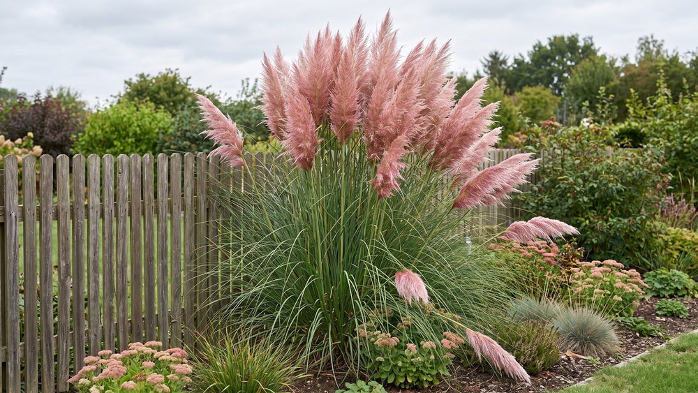 Größenvergleich: Cortaderia selloana 'Rosea' neben einem 1,50 m hohen Holzzaun, mit Wedeln 200 bis 250 cm hoch