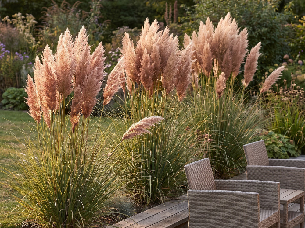 Drei Horste Cortaderia selloana 'Rosea' in Reihe an einer Holzterrasse als hoher Sichtschutz ab dem dritten Standjahr
