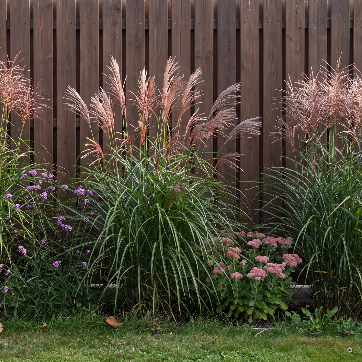 Drei Horste Miscanthus 'Rotsilber' vor einem Holzzaun mit Rudbeckia, Verbena und Herbstastern