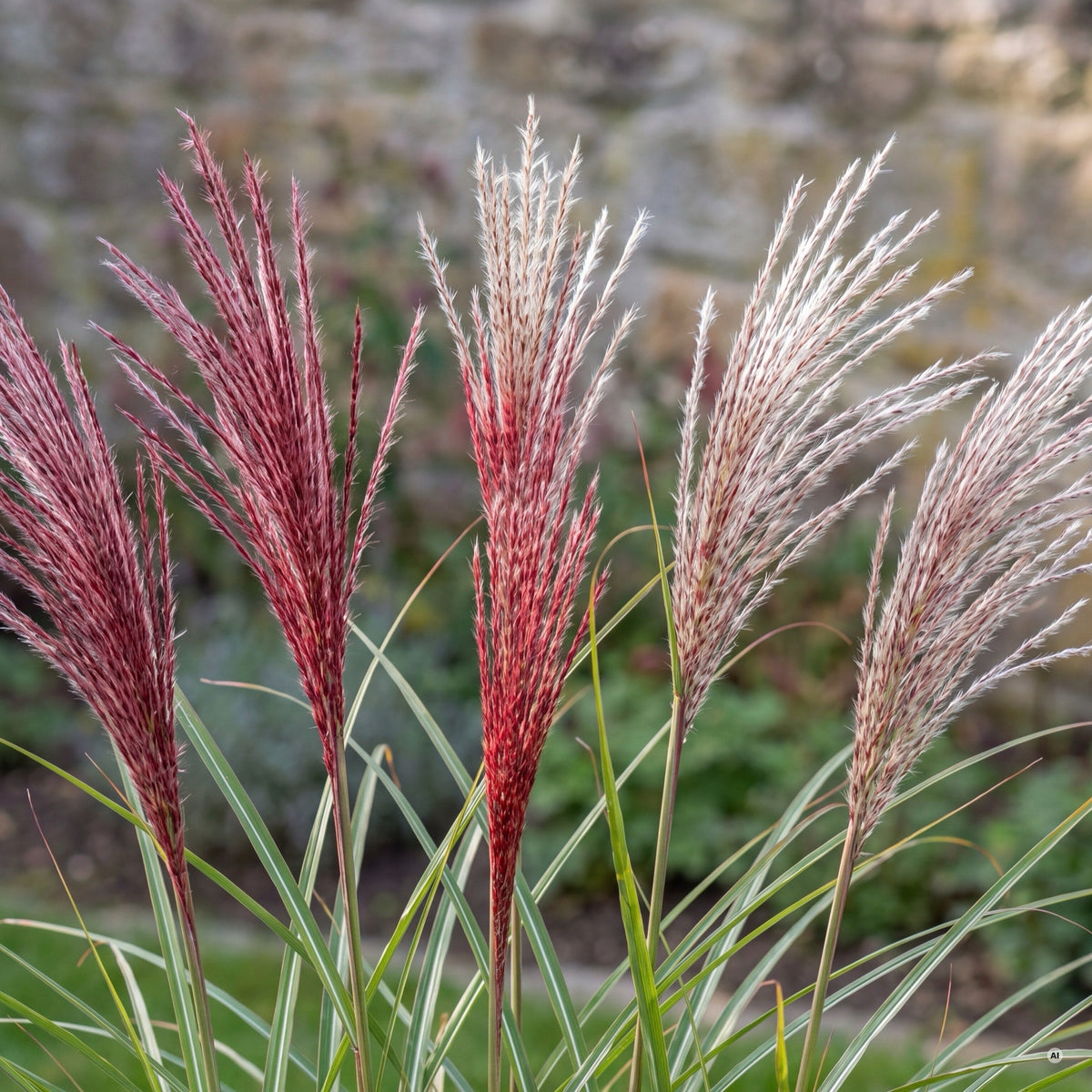 Rispen von Miscanthus 'Rotsilber' nah: frisch weinrot und älter silbrig