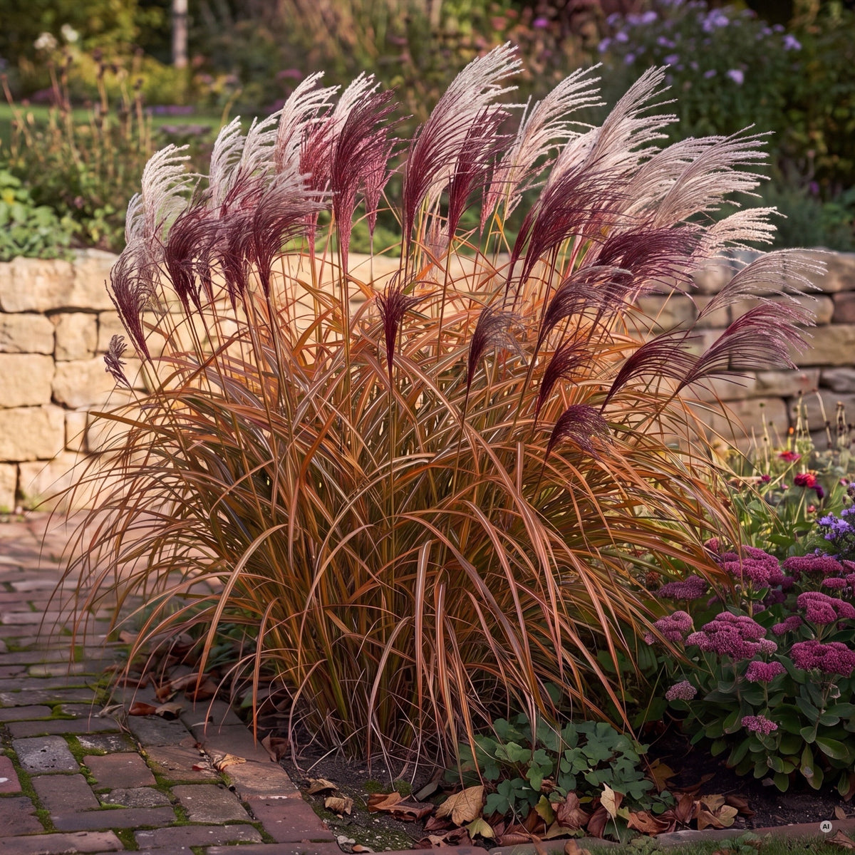 Miscanthus 'Rotsilber' im Oktober mit kupfer- bis orangerotem Herbstlaub