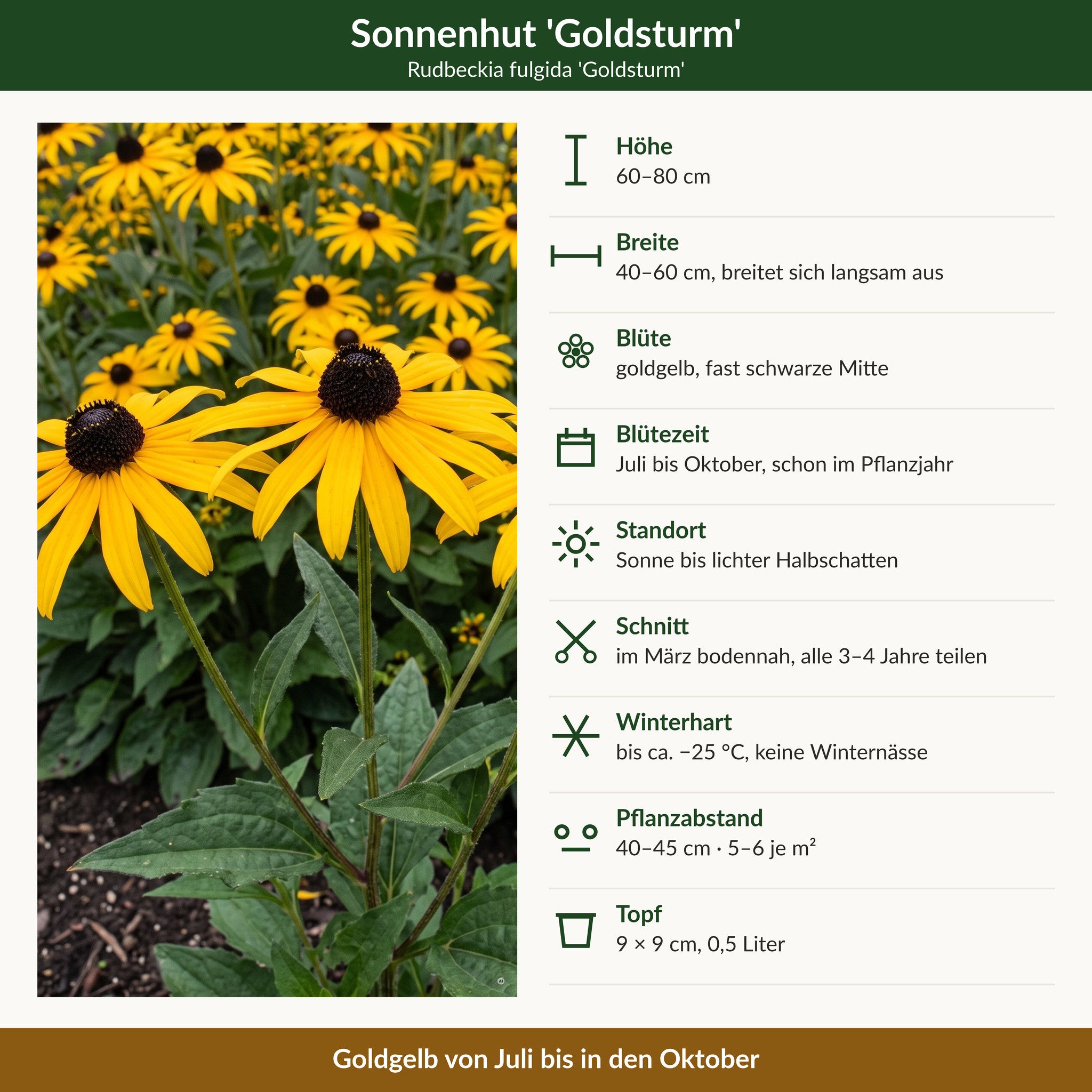 Steckbrief Sonnenhut 'Goldsturm': 60–80 cm hoch, goldgelb, Juli bis Oktober, Sonne bis lichter Halbschatten, winterhart bis −25 °C, 9 × 9 cm Topf