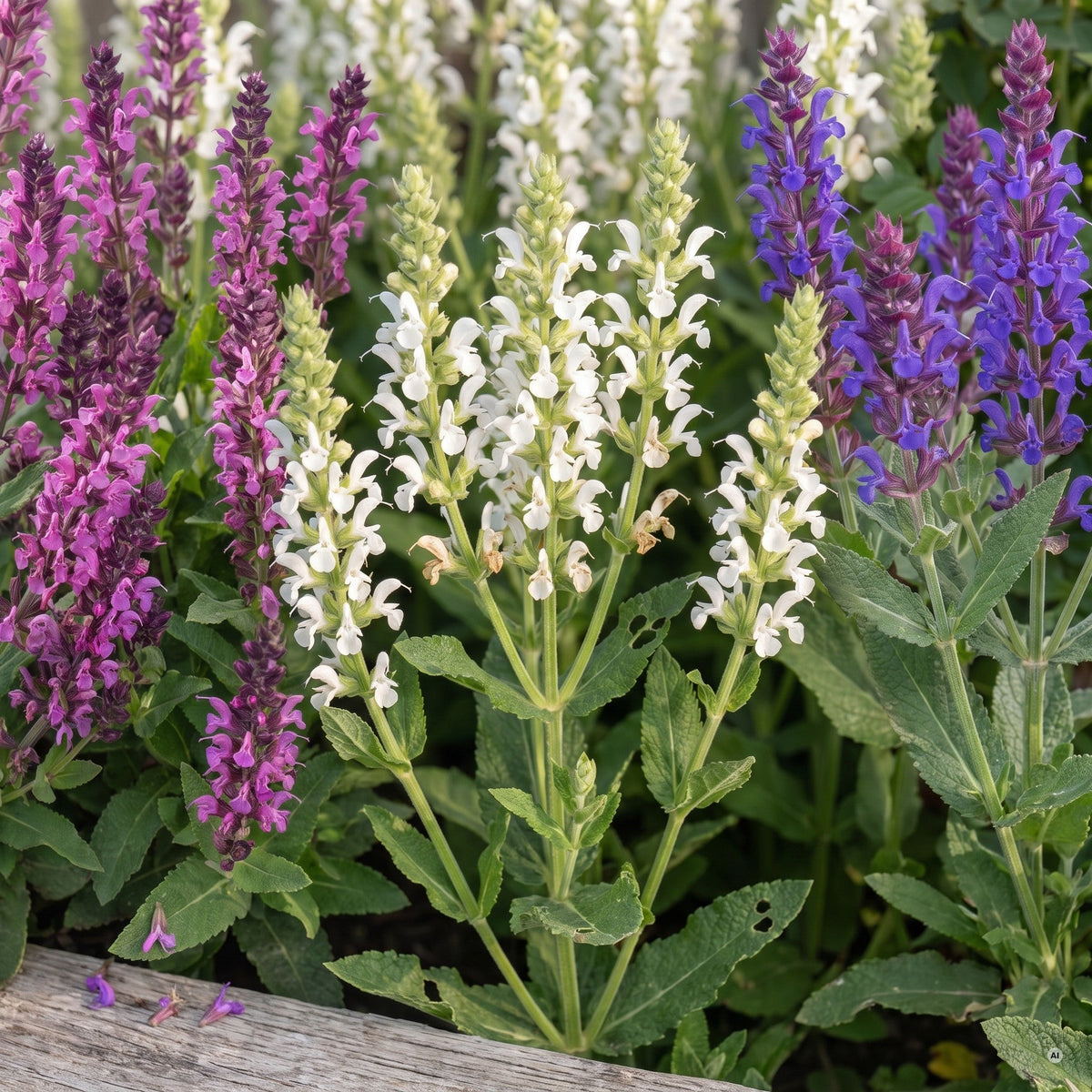 Blütenkerzen in Purpurrosa, Reinweiß und Violettblau nebeneinander