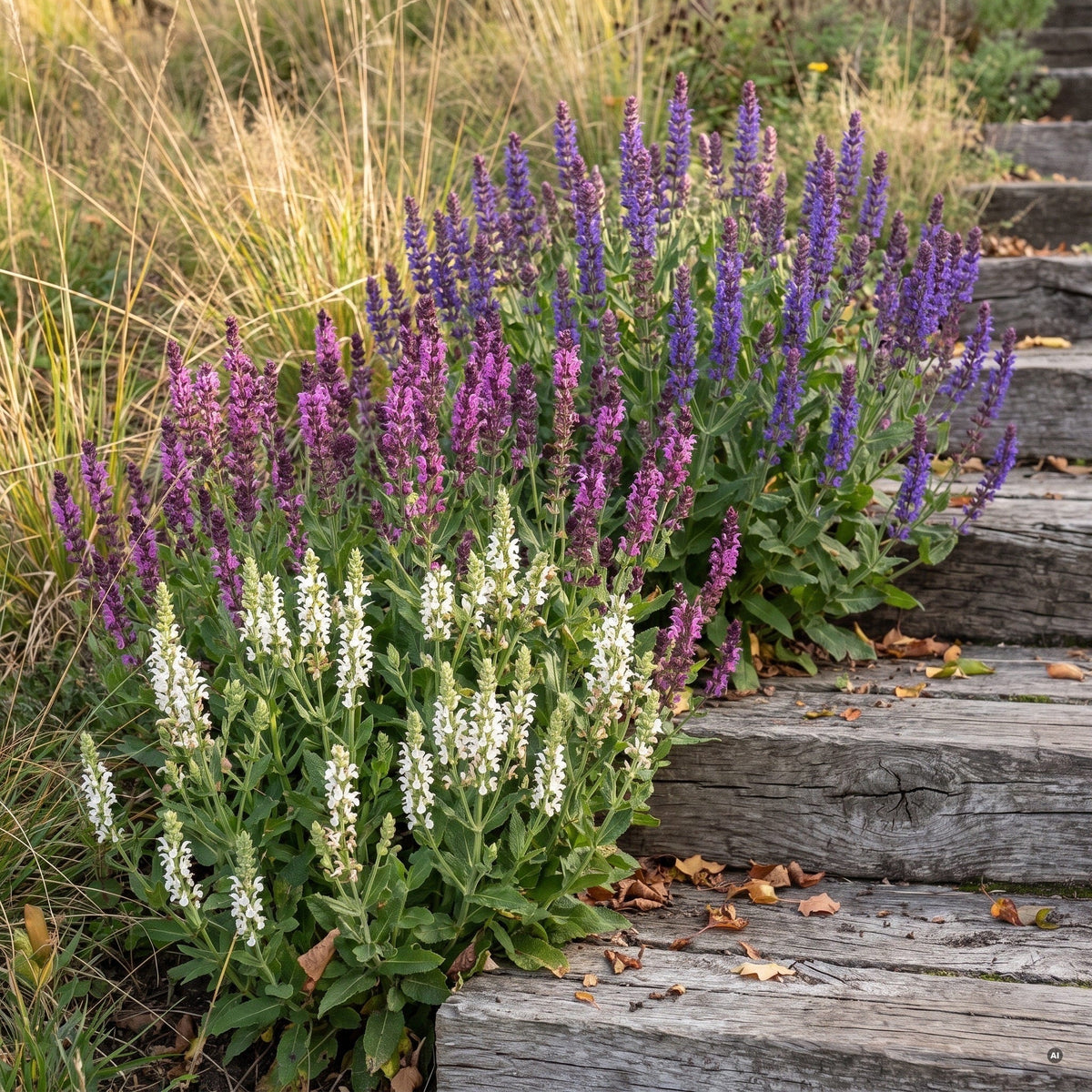 Zweite Blüte der drei Steppensalbeis im September nach dem Sommerschnitt