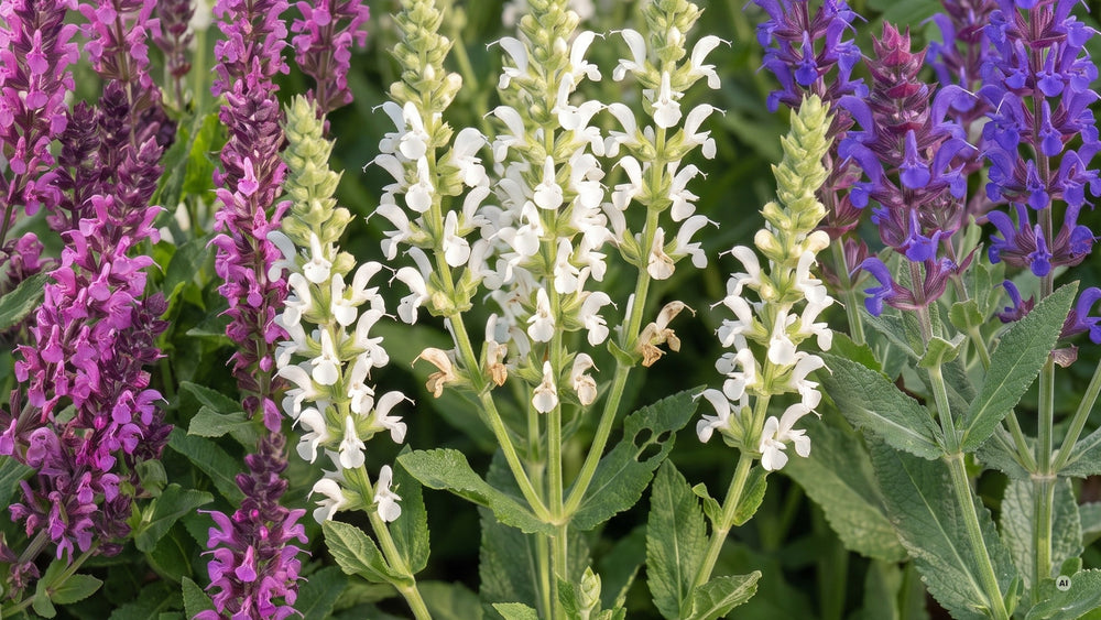 Blütenkerzen in Purpurrosa, Reinweiß und Violettblau nebeneinander