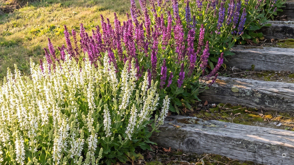 Die drei Steppensalbeis an einer sonnigen Böschung mit alten Eichenbohlen