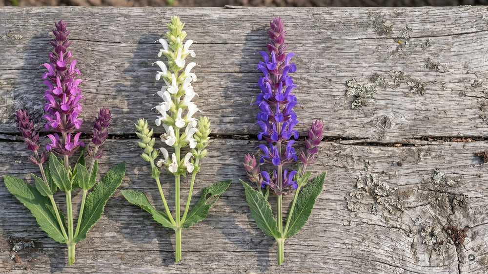 Je eine Blütenkerze 'Sensation Pink', 'Sensation White' und 'Ostfriesland' auf altem Eichenholz