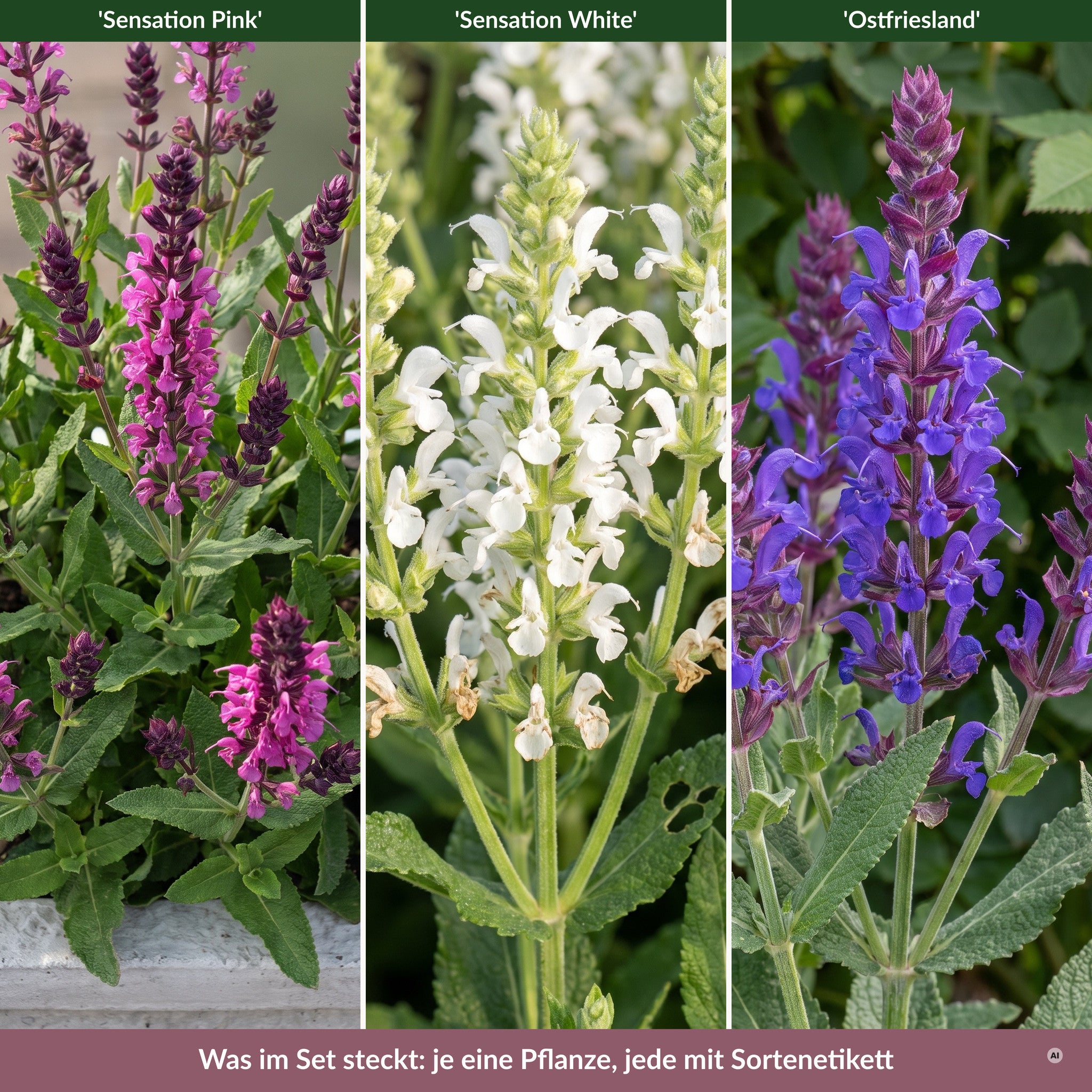 Die drei Sorten des Sets: 'Sensation Pink', 'Sensation White' und 'Ostfriesland'