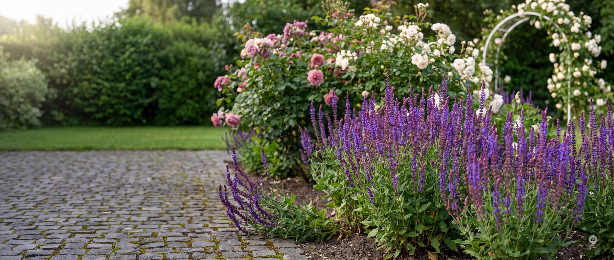 Steppensalbei 'Ostfriesland' als violettblaues Band vor Strauchrosen und einem weißen Rosenbogen